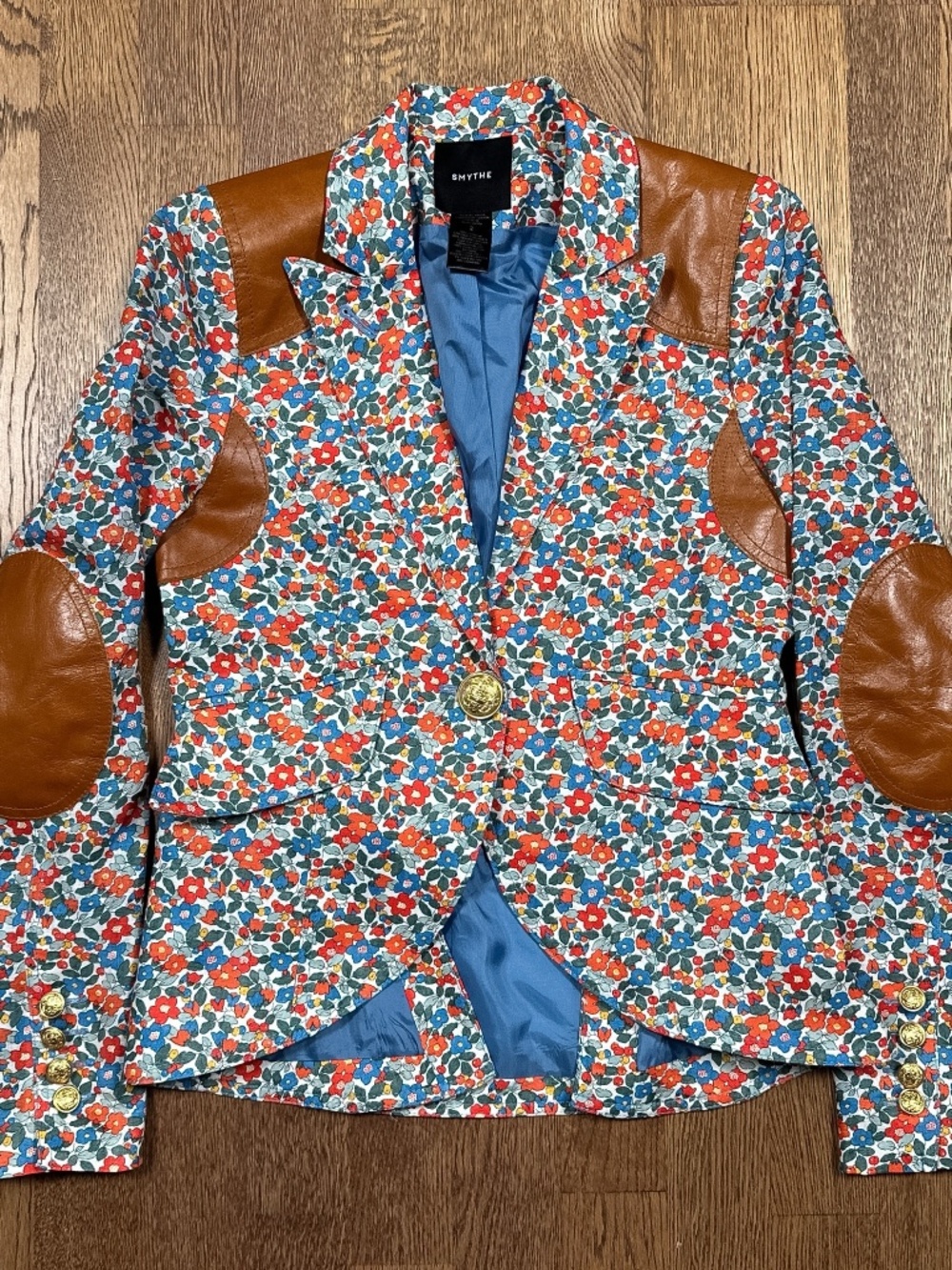 Smythe Rifle Linen w/ Leather Patch One Button Floral Blazer Jacket Womens 2